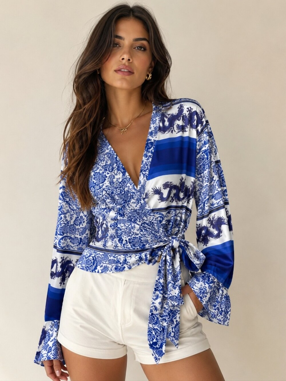 Wrap Blouse with Blue Paisley Print